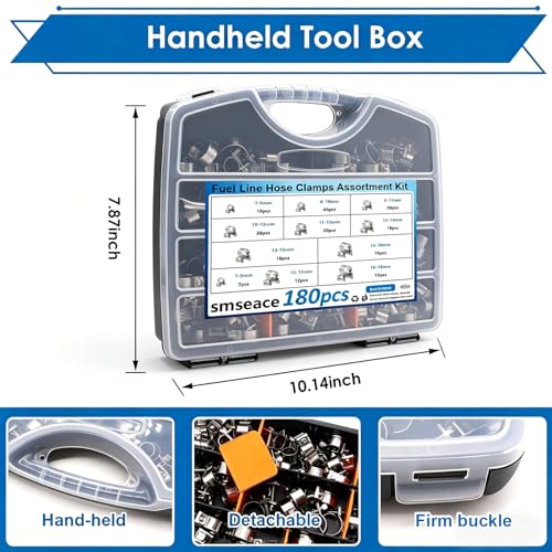 smseace 180Pcs Fuel Line Clamps 10-Sizes 7-18mm Fuel Injection Hose Clamps Pack in handheld Box Zinc Plated High Pressure Hose Clamps For Diesel/Petrol Pipe in Automotive,Marine,Truck - size: 180Pcs 7-18mm