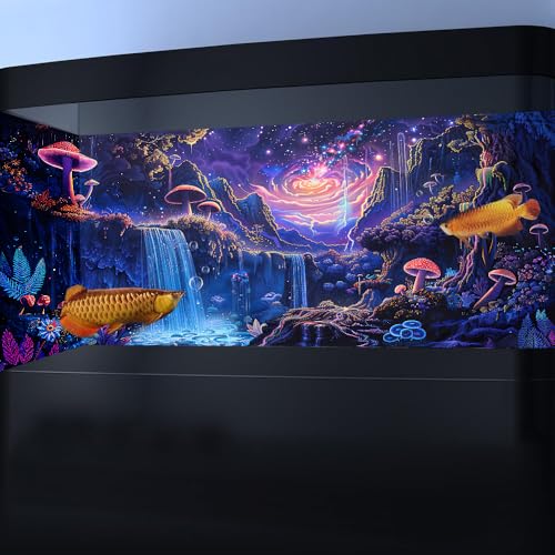 24" X 12" Galaxy Space Planet Aquarium Background, Waterfall Landscape Tapestry Fantasy Mountain Wave Wall Tapestry Mysterious Neon Plants Fish Tank with 10 EVA Double-Sided Tape - size: 24" X 12" （60X30 cm）