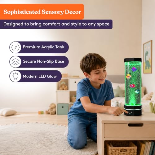 Special Supplies Aquarium Sensory Fish Bubble Light Tube with 16 LED Color Changing Nightlight Effect, Remote Control, and 5 Fish, Colorful Desk Standing Lamp