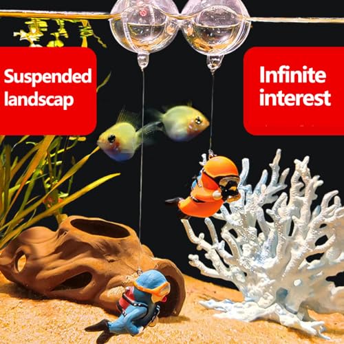 3pcs Floating Fish Tank Decorations, Little Diver Aquarium Decoration, Aquarium Accessories Fish Playmate for Fish Tank Suitable for All Kinds of Fish Tanks Swimming Pool - color: Orange Diver Camera+blue Chubby Diver+blue Diver (All With Fishing Line and