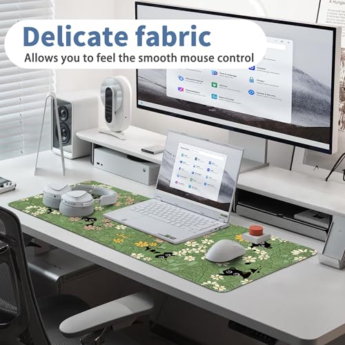 Cute Cat Mouse Pad Large Green Desk Mat Extended Keyboard Mouse Pad Kawaii Mousepad with Non-Slip Base and Stitched Edge Plant Mouse Mat Desk Pad 31.5 x 11.8 in Mouse Pads for Decor Home Office Gaming - color: Green Plant Cat