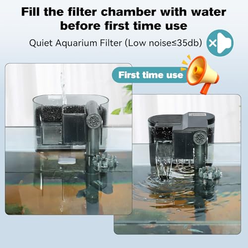 hygger Hang On Back Aquarium Filter, Small Fish Tank Filter Waterfall Filtration System, Adjustable Water Flow with Surface Skimmer, Replaceable Sponge Quiet Hanging Filter for Tank 5~10 Gal - size: M