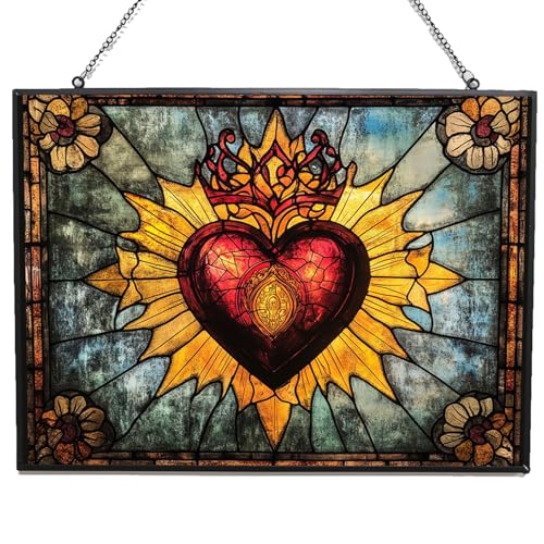 Rectangle Stained Glass Suncatcher, Vintage Sacred Heart Sun Catcher Stain Glass Window Hanging Decoration Mother's Day Birthday Gifts for Lover Women Men Mom Nana 15"x11" - color: Vintage Sacred Heart 3, size: 15x11 IN
