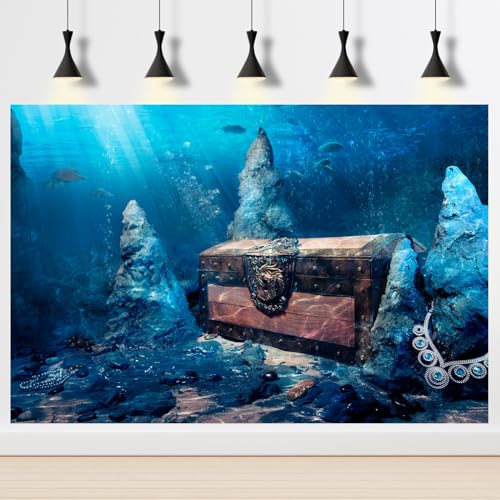 Aquarium Background Underwater Aquarium Backdrop Treasure Chest with Bright Gold Treasure Box Adventurous Water Wealth Pirate Fish Tank Background Decor Vinyl 24x12in - color: Ice Blue, size: 24(W)x12(H)inches/ 60(W)*30cm(H)