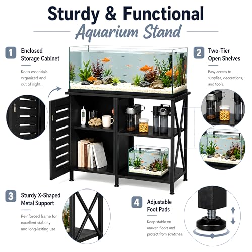 Herture 40-50 Gallon Fish Tank Stand, Aquarium Stand with Cabinet Accessories Storage, Heavy Duty Metal Frame, 40.55" L*18.89" W Tabletop, 850LBS Capacity, Black PG02YGB - color: Black, size: 40-50 Gallon