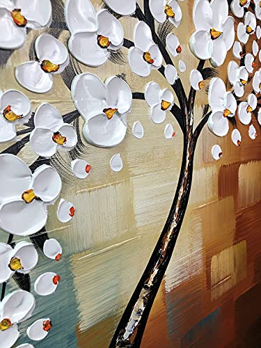 Wieco Art Morning Glory Modern Abstract White Flowers Oil Paintings on Canvas Wall Art 100% Hand Painted Floral Artwork for Living Room Bedroom Home Office Decorations Wall Decor - size: 24"L x 24"W