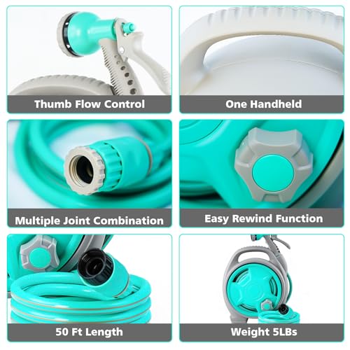 50FT Retractable Garden Hose Reel, Lightweight & Portable Hose Reel with 6 Patterns Spray Nozzle, Suitable for US Standard Hose Connection - color: Blue