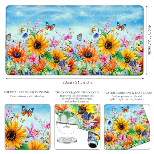Desk Pad Sunflowers, Big Mouse Pad Flower Butterfly Women Girls Desk Mat Extended Large Gaming Mouse Pad Non-Slip Base Stitched Edge Work Home Office Desks Computer Keyboard Laptop Decor Mouse Mat - color: Blue Sky Sunflowers Butterfly, size: 31.5" x 15.7