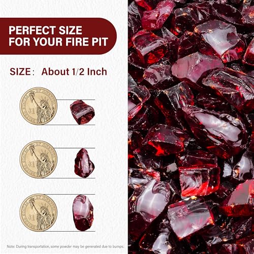 NUPICK 10 Pound Fire Glass, 1/2 Inch Shiny Fire Pit Glass, Tempered Firepit Glass Rock for Propane or Natural Gas, Glass Rocks for Fire Pit Table, Fireplace Glass for Landscaping, Red - color: Red, size: 10 Pound (1/2")