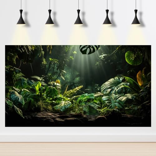 Tropical Leaf Aquarium Background Green Palm Leaves Fish Tank Background Nature View Sunrays Jungle Leaf Reptile Tank Backgrounds Misty Rainforest Plants Reptile Enclosure Backgrounds 24x12in - color: Black_Green, size: 24(W)x12(H)inches/ 60(W)*30cm(H)