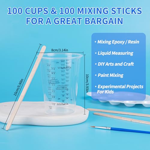 JNWINOG 100-Pack Clear Plastic Measuring Cups – Graduated Disposable Mixing Cups for Paint, Resin, Epoxy & Kitchen Use | Durable, Leak-Resistant & Precise Cups for DIY, Crafts, Baking & Labs