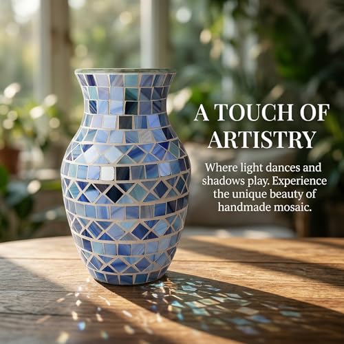 8" Premium Grey Mosaic Vase, High-Gloss Cyan-Blue Fish Scale Glass Flower Vase, Mirror-Effect Modern Art Centerpiece for Coastal Home & Office Decor - color: Blue Grey