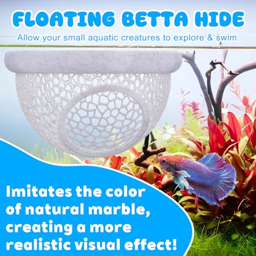 Floating Betta Hide & Shrimp Cave – 3D Printed Aquarium Hammock with Marble Texture, Feeder Ring & Rest Spot for Betta Fish, Nano Tanks, Corydoras, Shrimp – Safe PLA - color: Grey
