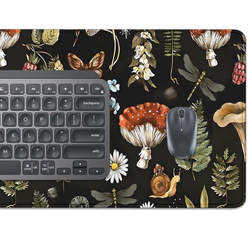Plant Mushroom Desk Pad Mouse Pad,Large Black Aesthetic Mouse Mat with Stitched Edges,Non-Slip Rubber Base Mousepad for Office PC Keyboard Laptop and Home Work Desk Mat(27.5X11.8 in) - color: Mushroom