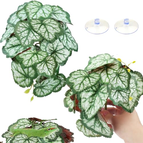 QUOZUO 2 Pack Reptile Plants for Terrarium, Artificial Leaves Habitat Decorations with Suction Cups, Terrarium Hanging Plants Vines for Bearded Dragons Lizards Snake Geckos Frogs - Green - color: Green