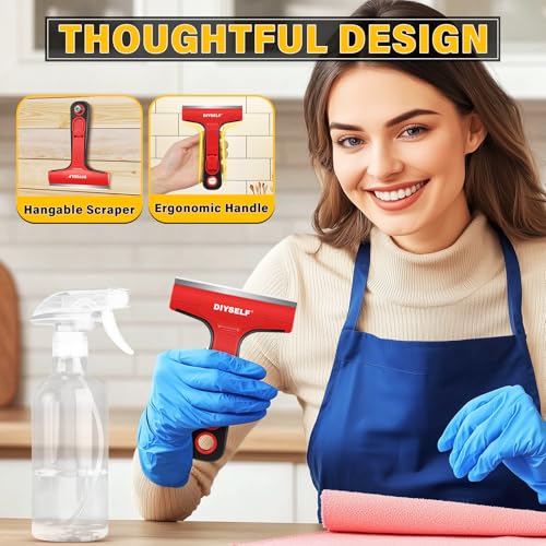 DIYSELF Razor Blade Scraper, 1 Pack Scraper Tool with 10pcs 4-Inch Blades, Razor Scraper for Cleaning Glass, Window, Stove Top, Oven, Kitchen, Cooktop, Shower Door, Sticky Residue, Tile, Wallpaper - color: Red, size: 10PCS Metal Blades