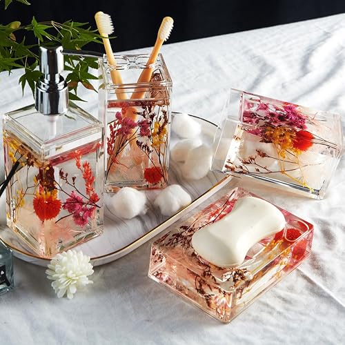 Locco Decor 4 Piece Acrylic Liquid 4D Floating Motion Bathroom Vanity Accessory Set Garden Botanic Pink Plants Toothbrush Holder, Tumbler, Soap Dispenser, Soap Dish - size: 4-piece, style: Pink Plant