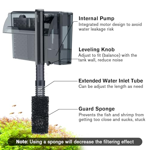 hygger Aquarium HOB Filter 315 GPH for 40-75 Gallon Fish Tank Power Filter with Adjustable Water Flow Extendable Intake Tube External Hang-On Back Filter - size: L