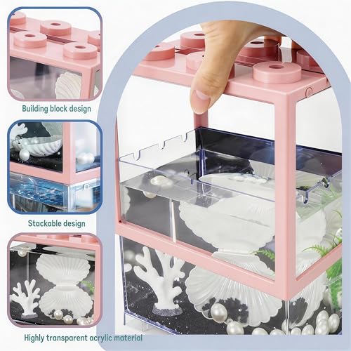 Small Betta Fish Tank, Mini Sea Monkey Tank Aquarium Kit with Gravel & Background Resin Decor, 0.6 Gallon Stackable Tabletop Fish Bowl Accessories for Shrimp Seaweed Ball (Pink) - color: Pink
