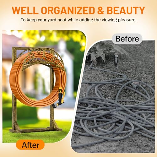 Garden Hose Holder - Upgraded Water Hose Holders for Outside with 5 Spikes & 2 Shepherds Hooks, Freestanding Hose Stand Hose Hanger Hose Storage Hose Reel Rack for Yard Lawn(Antique Golden) - color: Antique Golden