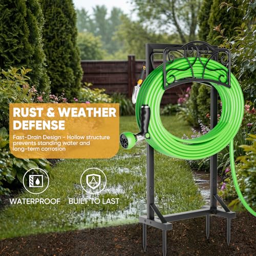 Heavy-Duty Garden Hose Holder with Tool Hooks and Stable Base, XEAPOMS Metal Hose Hanger Garden Hose Storage Holds 160Ft, Rustproof Freestanding Water Hose Holder for Outside, Yard, Lawn, Farm - color: Deep Black
