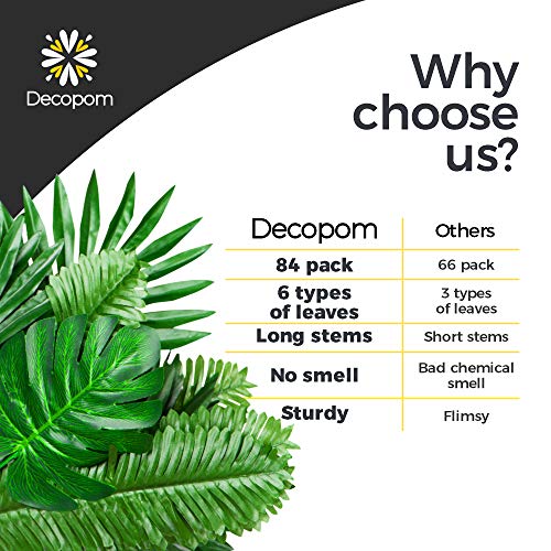 Decopom Palm Leaves Artificial Tropical Monstera-84Pcs 6 Kinds Large Small Green Fake Palm Leaf with Stems for Safari Jungle Hawaiian Luau Party Table Decoration Wedding Birthday Theme Party - style: 84 Pack