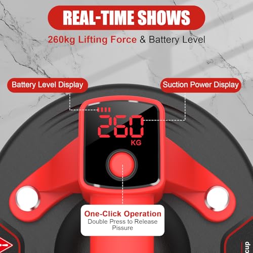 DEWINNER 10" Electric Glass Suction Cup Lifter, 200KG/440 LBS Max Load Vacuum Glass Lifter with 2X 3000mAh Battery, Industrial Strength Vacuum Suction Cup for Glass, Tile, Granite, Metal - color: Red4 with 2 batteries
