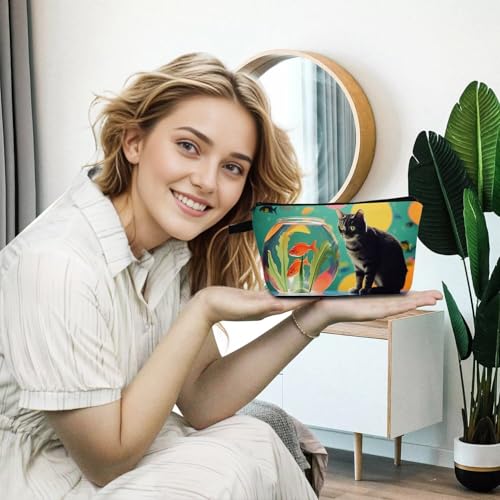 Cat Near Fish Tank Makeup Bag Cute Small Organizer Bag with Zipper Cat Near Fish Tank Cosmetic Bag Aesthetic Birthday Present for Women Sisters Friends -2