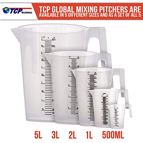 TCP Global 5 Liter (5000ml) Gallon Plastic Graduated Measuring and Mixing Pitcher (Pack of 3) - Holds 5 Quarts 1.25 Gallons- Pouring Cup, Measure & Mix Paint, Resin, Epoxy, Kitchen Cooking Baking - size: 5000ml