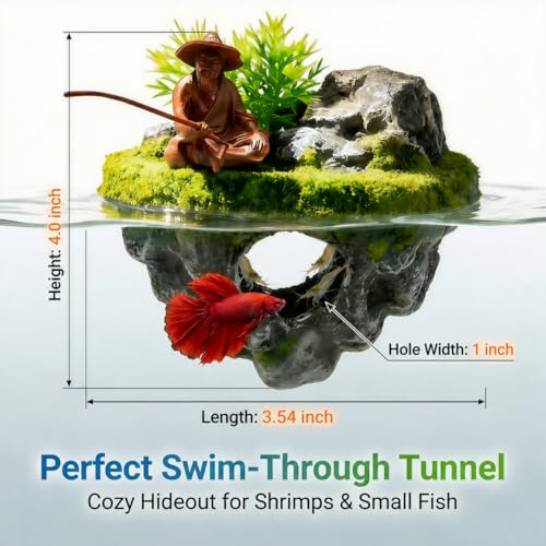 Floating Aquarium Decor with Interactive Fish Feeding Hook, Fish Tank Decorations for Betta, Guppy & Shrimp, Safe ABS Material Floating Fish Tank Decor, 3D Old Man