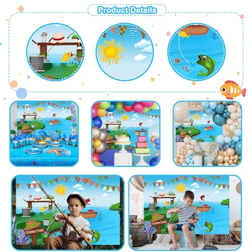 Renaiss 7x5ft Fishing Pond Backdrop for Photoshoot Boys Girls Kids Portrait Bunting Boat Fishes Green Bank Blue Sky Photography Background Baby Shower Newborn Birthday Party Decors Photo Studio Props - size: 7x5ft