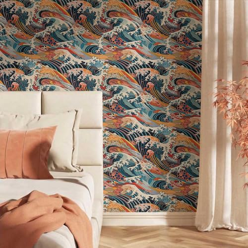 Watercolor Red/Yellow/Blue Japanese Sea Wave Peel and Stick Wallpaper Wall Decor Self Adhesive Wall Paper Stick on Easy Peel Off Contact for Renter Apartment - color: Red/Yellow/Blue, size: 17.7" x 118"