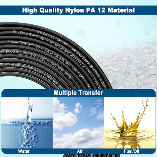 100FT 3/8 DOT Air Line SAE J844 PA12 Nylon Air Hose with Cutter 3/8” OD Pneumatic Tubing DOT Approved 3/8 Air Brake Hose for Air Suspension Kit Truck Trailer Brake System & Fluid Transfer 30.5m - size: 3/8" OD 100FT