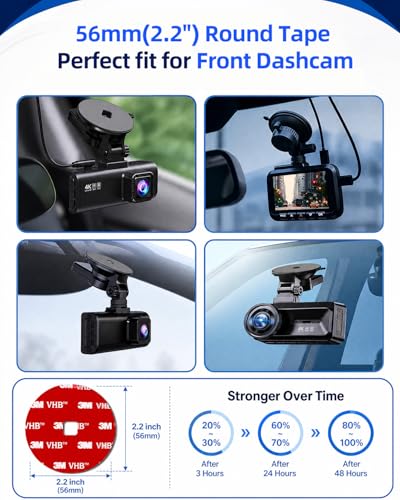 4Pcs Adhesive Sticky Pads for Front and Rear Dash Cam, Heat Resistant Round Mounting Tape for Dashcam Suction Cup Mount, Double Sided Sticker Replacement Attach to Windshield, Car Window/Glass