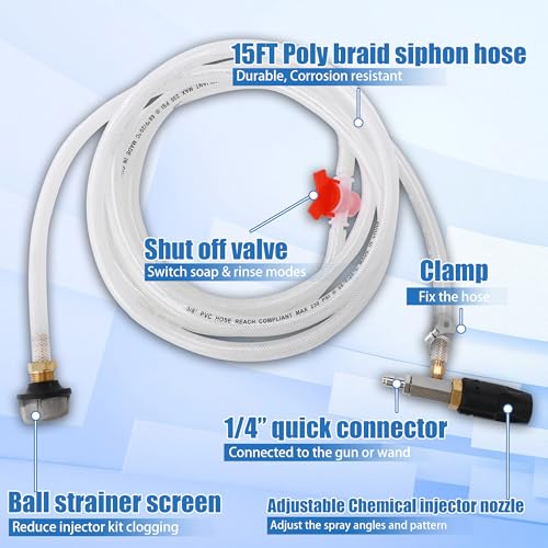 JOEJET Downstream Injector for Pressure Washer, Adjustable Chemical Injector Kit, Variable Power Washer Long Range Nozzle External Injection, 15 FT Siphon Hose, 2-2.5 GPM - size: 15 FT, style: 2-2.5 Gallons