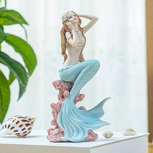 Rayberro Blue Mermaid Figurines 7.28" Resin Mermaid Sculpture Mediterranean Princess Ornaments Home Office Desktop Bookshelf Mermaid Collectible Figurines Crafts Fish Tank Aquarium Decoration - color: Blue Look Up, size: 7.28x3.93x2.75inch