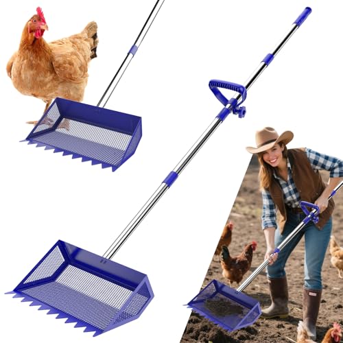 Chicken Poop Scooper Rake 2-in-1,304 Stainless Steel Shovel Head, Chicken Litter Scoop with Handle for Chicken Coop for Sand, Pet Waste Cleaning, Litter Sifting Shovel (35 to 65") (Blue, 10inch) - color: Blue, size: 10inch