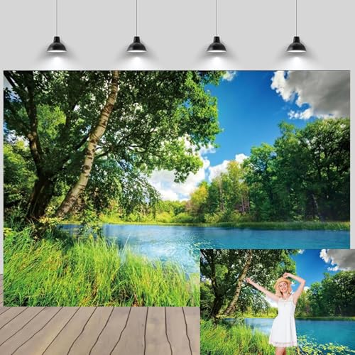 Polyester 7x5ft Park Scenery Backdrop River Blue Water and Tree Forest Garden Blue Sky Outdoor Picnic Spring Background Camping Hiking Photo Background Countryside Field Backdrop - size: 7x5ft