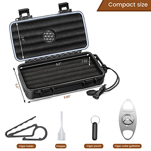 Flauno Travel Cigar Humidor Case - Portable Cigar Box kit with Humidifier Disc, Cigar Cutter, Cigar Punch, Cigar Holder & Dropper, Waterproof, Crushproof, Airtight (Holds up to 5 Cigars) - size: Holds up to 5 Cigars with Cigar Accessories