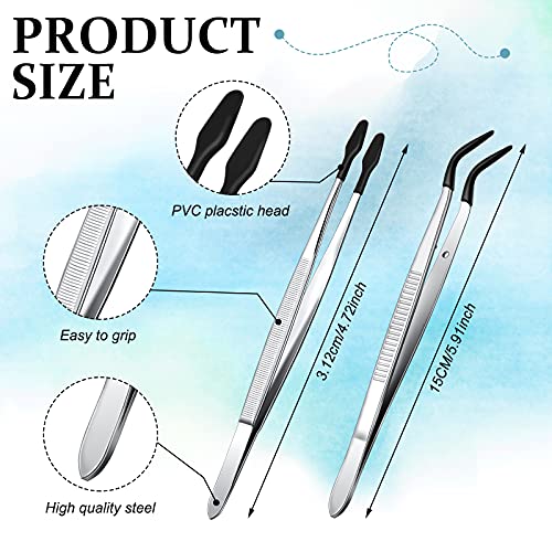 Zhehao 4 Pieces Tweezers with Rubber Tips PVC Coated Set Rubber Straight Flat Tip Long Bent Tweezers for Stamps Crafts Beads Jewelry Tools