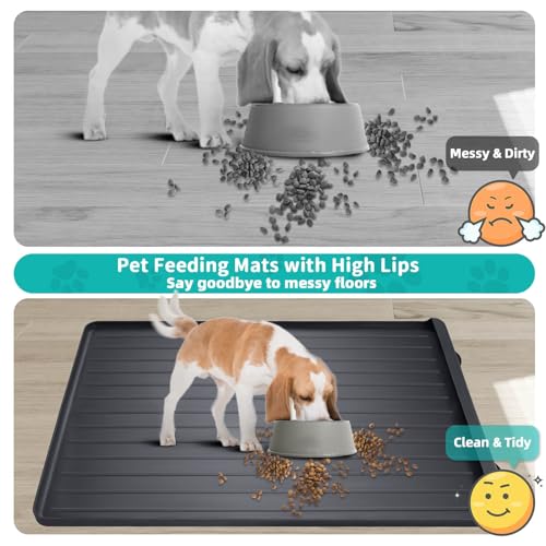 Dog Mat for Food and Water - 39.4" x 27" Large Pet Feeding Mats with Residue Collection Pocket - Waterproof Dog Cat Bowl Mat with High Edges to Prevent Water and Food Spills (Black) - color: Black
