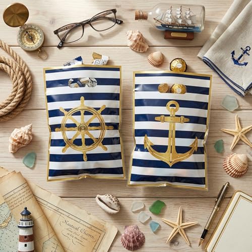 Papiailove 50Pcs Nautical Party Decorations - Nautical Party Plastic Favor Bags with Handles, Ship Anchor Goodie Treat Bags for Cruise Birthday, Sailing Baby Shower, Beach Summer Theme Party Supplies - color: Nautical