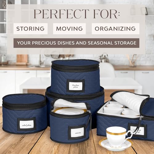 China Storage Containers 5-Piece Set Moving Boxes for Dinnerware, Glasses, Plates, Mugs and Saucers Sturdy Quilted Microfiber Dish Organizer with Dividers for Seasonal Storage - Holds Set of 12, blue - color: Blue