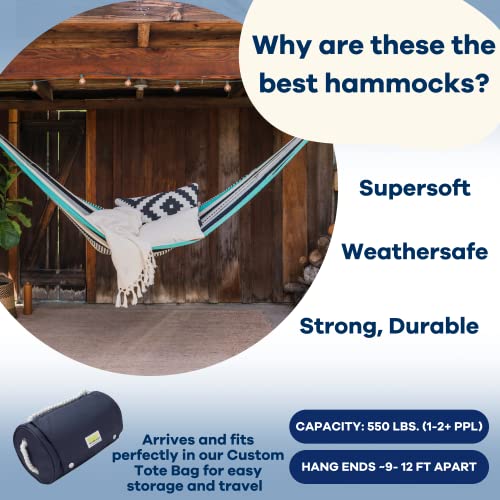 Handwoven Hammock by Yellow Leaf Hammocks - Family Size, Fits 2+ PPL, 550lb max - Weathersafe, Super Strong, Easy to Hang, Ultra Soft, Artisan Made - Color: Turquoise - Black -White - color: Zanzibar- Turquoise, Black and White, size: Fits 1-2+ People (55