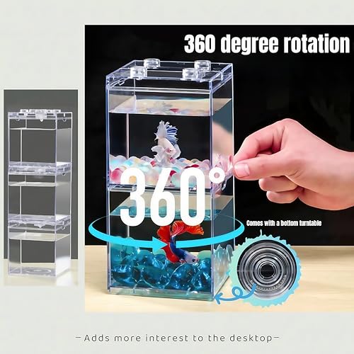Mini Betta Fish Tank, Stackable Small Fish Bowl for Desktop Decoration, 0.2 Gallon 360° Rotatable Tiny Aquarium Kit with Gravels & Resin Crystal Cluster for Sea Monkey, Shrimp