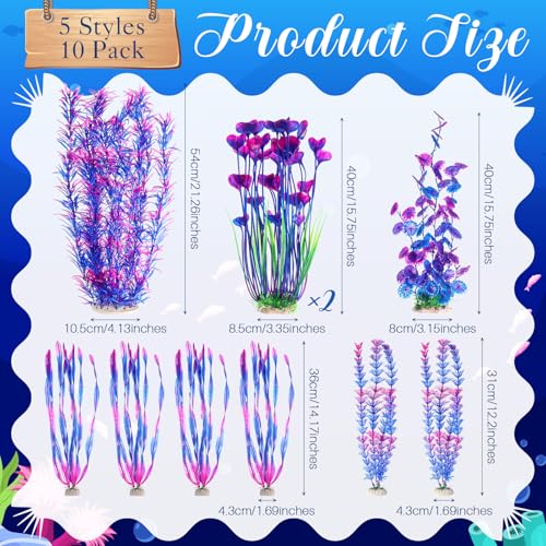 10 Pcs Large Christmas Aquarium Artificial Plants Decorations, Tall Plastic Fish Tank Plant Decorations for Household and Office Aquarium Christmas Decor(Purple)