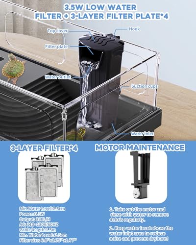 MoonOrange Small Turtle Tank, Aquarium, Acrylic Terrarium with Basking Platform, Bottom Drainage, Multi-Function Areas for Turtles, Crabs, Crayfish, Reptiles (Black+Filter) - color: Black (+Filter)
