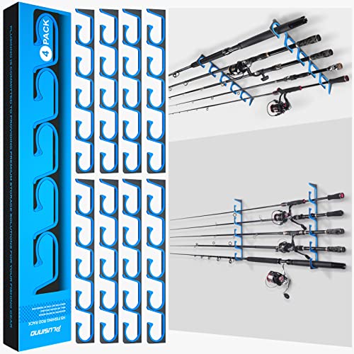 PLUSINNO H5 Horizontal Fishing Rod/Pole Holders for Garage, Wall Ceiling Mounted Fishing Rod Holder, Aviation Aluminum Fishing rod rack Holds up to 5/10/20 Rod or Combos Fishing Gear and Gifts for Men - color: Blue 4pack(store 20 fishing rods or combos)