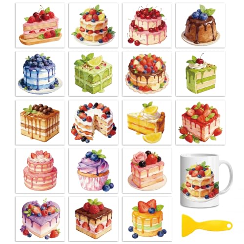 Peacoblue 18 Sheets Rub on Transfers for Crafts, Assorted Cakes 3.6"x3.9" UV DTF Cup Wraps Waterproof Cold Transfers Stickers for Wood Glass Metal Cup Tumblers Mirrors Mugs Home Decor - style: Assorted Cakes