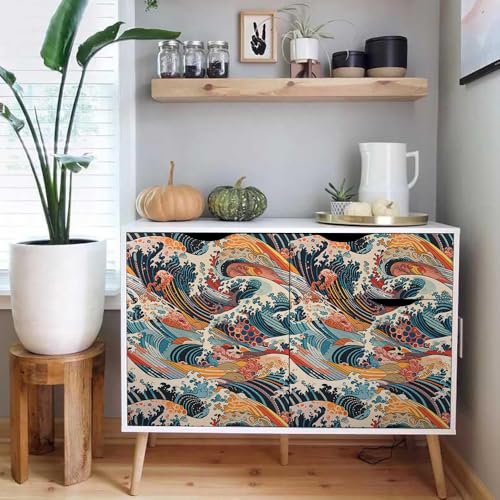 Watercolor Red/Yellow/Blue Japanese Sea Wave Peel and Stick Wallpaper Wall Decor Self Adhesive Wall Paper Stick on Easy Peel Off Contact for Renter Apartment - color: Red/Yellow/Blue, size: 17.7" x 118"